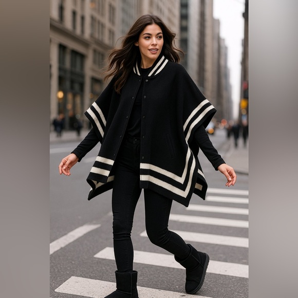 Free People Jackets & Blazers - Free People Pep Rally Stripe Varsity Poncho – Black / Ivory – One Size –